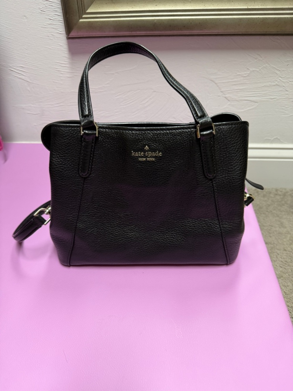 kate spade Black Pebbled Leather Satchel with Gold Logo
